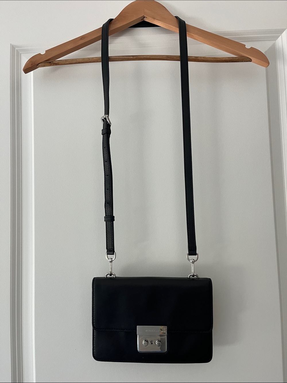 Michael Kors Black Leather Crossbody Bag with Silver Hardware
